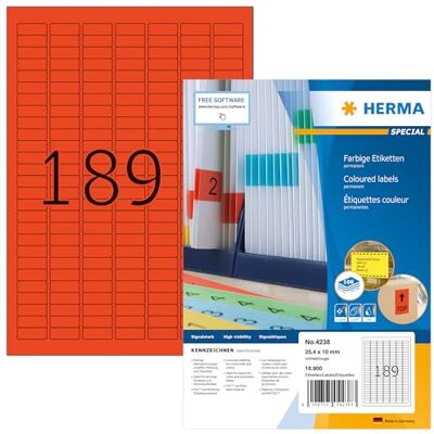 HERMA 4238 barevné etikety červené, 100 listů, 25,4 x 10 mm, 189 na arch A4, 18900 kusů, samolepicí, potištěné, matné, prázdné papírové barevné štítky HERMA 4238 barevné etikety červené, 100 listů, 25,4 x 10 mm, 189 na arch A4, 18900 kusů, samolepicí, potištěné, matné, prázdné papírové barevné štítky