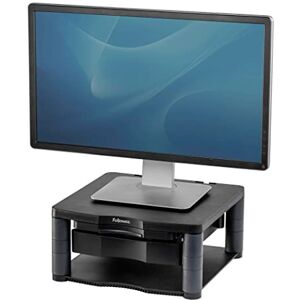 Fellowes Stojan na monitor Premium Plus, výškově nastavitelný v 5 stupních, ergonomický, velmi stabilní pro monitory do 21 palců, se zásuvkou a držákem předlohy zorného pole, černý Fellowes Stojan na monitor Premium Plus, výškově nastavitelný v 5 stupních, ergonomický, velmi stabilní pro monitory do 21 palců, se zásuvkou a držákem předlohy zorného pole, černý