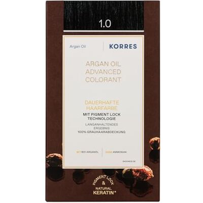 Korres Argan Oil Colorant – barva na vlasy bez amoniaku černá 1. 0 – s bio arganovým olejem, 100% zakrytí šedých vlasů a veganské pro dlouhotrvající barevný výsledek Korres Argan Oil Colorant – barva na vlasy bez amoniaku černá 1. 0 – s bio arganovým olejem, 100% zakrytí šedých vlasů a veganské pro dlouhotrvající barevný výsledek