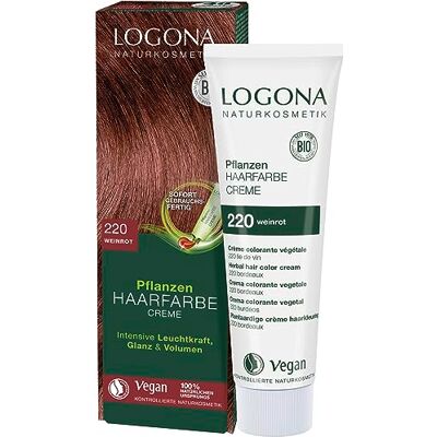 LOGONA Naturkosmetik Rostlinná barva na vlasy krémová 220 vínově červená, červená přírodní barva na vlasy s hennou, veganský barevný krém pro trvalé barvení, šetrné barvení pro lesklé vlasy, 150 ml LOGONA Naturkosmetik Rostlinná barva na vlasy krémová 220 vínově červená, červená přírodní barva na vlasy s hennou, veganský barevný krém pro trvalé barvení, šetrné barvení pro lesklé vlasy, 150 ml