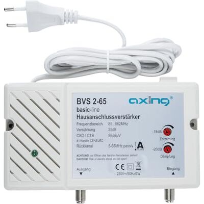 Axing BVS 2-65 domácí přípojný zesilovač 25 dB pro kabelovou televizi digitální (85-862 MHz, zadní kanál 5-65 MHz) Axing BVS 2-65 domácí přípojný zesilovač 25 dB pro kabelovou televizi digitální (85-862 MHz, zadní kanál 5-65 MHz)