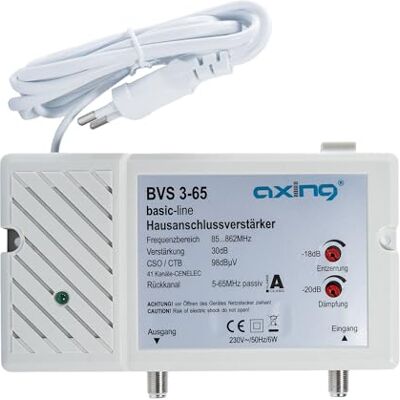 Axing BVS 3-65 domácí připojovací zesilovač se zadním kanálem 5-65 MHz (30 dB, 85-862 MHz, 98 dBµV) Axing BVS 3-65 domácí připojovací zesilovač se zadním kanálem 5-65 MHz (30 dB, 85-862 MHz, 98 dBµV)