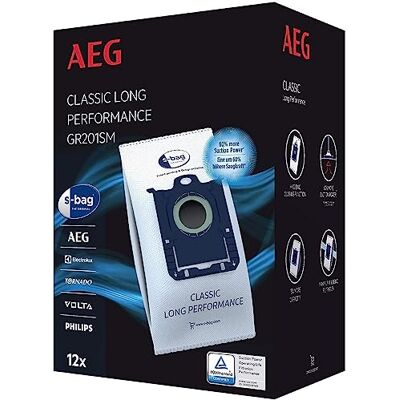 AEG GR201SM s-bag sáček do vysavače Classic Long Performance MegaPack, 12 syntetických sáčků do vysavače pro trvale vysoký sací výkon, optimální filtrace, hygienický uzávěr, o 60 % vyšší sací síla AEG GR201SM s-bag sáček do vysavače Classic Long Performance MegaPack, 12 syntetických sáčků do vysavače pro trvale vysoký sací výkon, optimální filtrace, hygienický uzávěr, o 60 % vyšší sací síla