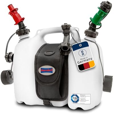 hünersdorff 804962 Profi dvojitý kanystr / kombinovaný kanystr na palivo a olej s sedlovou taškou a dvěma plnicími systémy, 6 + 3 litry, homologace UN, Made in Germany, bílá, přírodní hünersdorff 804962 Profi dvojitý kanystr / kombinovaný kanystr na palivo a olej s sedlovou taškou a dvěma plnicími systémy, 6 + 3 litry, homologace UN, Made in Germany, bílá, přírodní