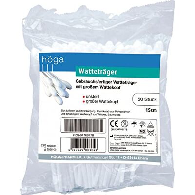 Höga Nosník wattů s velkou vatovou hlavou, 15 cm dlouhý (plastová tyč), á 50 kusů, nesterilní, balení 2 ks (2 x 50 kusů) Höga Nosník wattů s velkou vatovou hlavou, 15 cm dlouhý (plastová tyč), á 50 kusů, nesterilní, balení 2 ks (2 x 50 kusů)