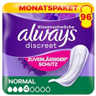 Discreet normální inkontinenční vložky 96 (4 x 24 kusů) měsíční balení, diskrétní ochrana a vysoká sací síla, neutralizující zápach (balení se může lišit) Discreet normální inkontinenční vložky 96 (4 x 24 kusů) měsíční balení, diskrétní ochrana a vysoká sací síla, neutralizující zápach (balení se může lišit)
