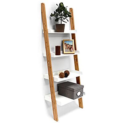 Relaxdays Žebříkový bambusový regál (v × š × h): 144 × 56 × 34 cm, regál z bambusu se 4 praktickými přihrádkami ze dřeva jako dekorativní opěrný regál do pracovny, obývacího pokoje jako stojací regál, bílý Relaxdays Žebříkový bambusový regál (v × š × h): 144 × 56 × 34 cm, regál z bambusu se 4 praktickými přihrádkami ze dřeva jako dekorativní opěrný regál do pracovny, obývacího pokoje jako stojací regál, bílý