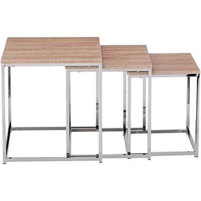 HAKU Sada 3 servírovacích stolků chrom dub světlý MDF kov konferenční stolek malý rozměry: Š 29/34/39 x V 36/39/42 x H 29/34/39 cm Styl: Moderní HAKU Sada 3 servírovacích stolků chrom dub světlý MDF kov konferenční stolek malý rozměry: Š 29/34/39 x V 36/39/42 x H 29/34/39 cm Styl: Moderní