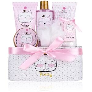 accentra Dárková sada Princess Kitty, 7dílná dárková sada pro dívky se sprchovým gelem, tělovým mlékem, tělovým peelingem, tělovým krémem, koupelovými bombami a síťovanou houbou v růžových košíčcích accentra Dárková sada Princess Kitty, 7dílná dárková sada pro dívky se sprchovým gelem, tělovým mlékem, tělovým peelingem, tělovým krémem, koupelovými bombami a síťovanou houbou v růžových košíčcích