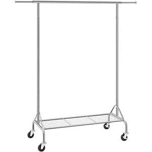 SONGMICS Stojan na šaty z kovu, zátěž, s přihrádkou na boty, na kolečkách, nosnost až 50 kg, délka 110,5-150,5 cm, pochromovaný, HSR02S SONGMICS Stojan na šaty z kovu, zátěž, s přihrádkou na boty, na kolečkách, nosnost až 50 kg, délka 110,5-150,5 cm, pochromovaný, HSR02S