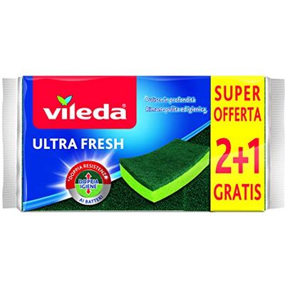 Vileda Brusná houba Ultra Fresh , savá, odolná proti poškrábání, s vláknitým dílem, antibakteriální, formát 2+1, zelená Vileda Brusná houba Ultra Fresh , savá, odolná proti poškrábání, s vláknitým dílem, antibakteriální, formát 2+1, zelená