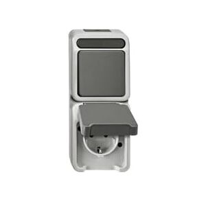 Schneider Electric Merten zásuvka Schuko na omítku s výklopným víkem v kombinaci s přepínačem, vlhkou místností, Aquastar, IP44, světle šedá, číslo výrobku MEG3494-8029 Schneider Electric Merten zásuvka Schuko na omítku s výklopným víkem v kombinaci s přepínačem, vlhkou místností, Aquastar, IP44, světle šedá, číslo výrobku MEG3494-8029