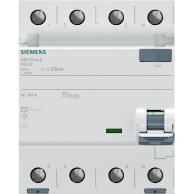 Siemens SENTRON FI-Schutzschalter, 4-polig, 40A, 30 mA Typ AC SENTRON CE, VDE, EAC, UKCA Siemens SENTRON FI-Schutzschalter, 4-polig, 40A, 30 mA Typ AC SENTRON CE, VDE, EAC, UKCA
