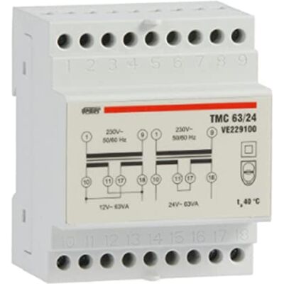 VEMER VE229100 TMC 63/24 transformátor pro DIN lišty s primárním napětím 230 V, Trafo se sekundárním napětím 12–24 V a výkonem 63 VA, bílý VEMER VE229100 TMC 63/24 transformátor pro DIN lišty s primárním napětím 230 V, Trafo se sekundárním napětím 12–24 V a výkonem 63 VA, bílý