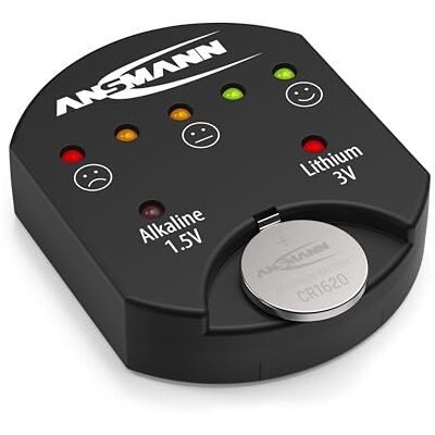Ansmann Tester knoflíkových článků/spolehlivý testovací přístroj pro zobrazení kapacity přes LED/ukazatel kapacity pro alkalické a lithiové knoflíkové články/jednoduchá manipulace při kompaktní Ansmann Tester knoflíkových článků/spolehlivý testovací přístroj pro zobrazení kapacity přes LED/ukazatel kapacity pro alkalické a lithiové knoflíkové články/jednoduchá manipulace při kompaktní