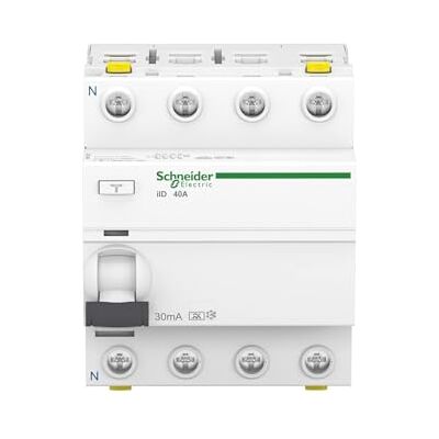 Schneider Electric FI-chránič Acti9 iID, 4pólový, 40A, 30mA, typ A, doba ochrany proti zamrznutí, číslo výrobku A9Z21440 Schneider Electric FI-chránič Acti9 iID, 4pólový, 40A, 30mA, typ A, doba ochrany proti zamrznutí, číslo výrobku A9Z21440