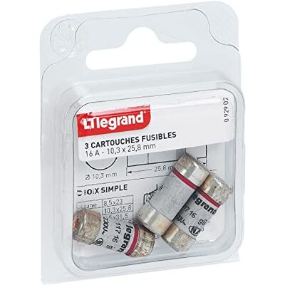 Legrand 3 bezpečnostní kazety s kontrolkou, válcová pojistka 16 A, sada se 3 standardními kazetami, pro držáky pojistek 10,3 x 25,8 mm Legrand 3 bezpečnostní kazety s kontrolkou, válcová pojistka 16 A, sada se 3 standardními kazetami, pro držáky pojistek 10,3 x 25,8 mm
