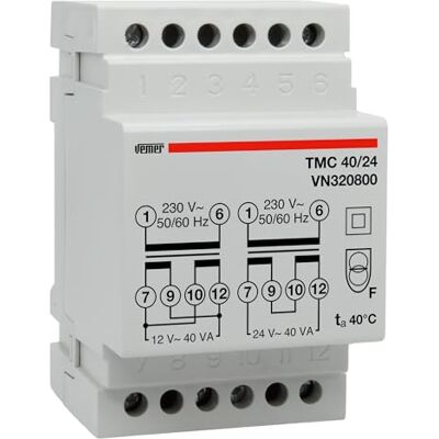VEMER VN320800 TMC 40/24 transformátor pro DIN lišty s primárním napětím 230 V, Trafo se sekundárním napětím 12-24 V a výkonem 40 VA, bílý VEMER VN320800 TMC 40/24 transformátor pro DIN lišty s primárním napětím 230 V, Trafo se sekundárním napětím 12-24 V a výkonem 40 VA, bílý