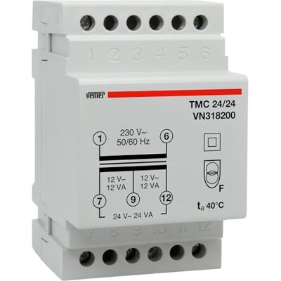 VEMER VN318200 TMC 24/24 transformátor pro DIN lišty s primárním napětím 230 V, Trafo se sekundárním napětím 12-24 V a výkonem 24 VA, bílý VEMER VN318200 TMC 24/24 transformátor pro DIN lišty s primárním napětím 230 V, Trafo se sekundárním napětím 12-24 V a výkonem 24 VA, bílý