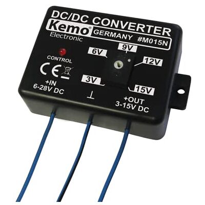 Kemo M015N nastavitelný měnič napětí. Vstupní napětí 6 28 V/DC nastavitelné výstupní napětí 3 15 V stabilizované a odolné proti zkratu. Max. výstupní proud 1,5 A Kemo M015N nastavitelný měnič napětí. Vstupní napětí 6 28 V/DC nastavitelné výstupní napětí 3 15 V stabilizované a odolné proti zkratu. Max. výstupní proud 1,5 A