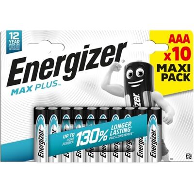 Energizer Max Plus AAA baterie (10 kusů) – alkalická baterie 1,5 V – až o 130 % delší výkon – výkonný a trvanlivý – 100% recyklovatelné balení bez plastů – skladné po dobu 15 let Energizer Max Plus AAA baterie (10 kusů) – alkalická baterie 1,5 V – až o 130 % delší výkon – výkonný a trvanlivý – 100% recyklovatelné balení bez plastů – skladné po dobu 15 let