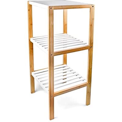Relaxdays Bambusový regál s 3 policemi (v × š × h): 80 × 33 × 34 cm, elegantní regál do koupelny s 3 přihrádkami z přírodního dřeva, stojací regál vhodný do kuchyně nebo koupelnové příslušenství, bílá, přírodní Relaxdays Bambusový regál s 3 policemi (v × š × h): 80 × 33 × 34 cm, elegantní regál do koupelny s 3 přihrádkami z přírodního dřeva, stojací regál vhodný do kuchyně nebo koupelnové příslušenství, bílá, přírodní