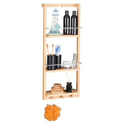 Relaxdays Regál do sprchy od se 3 přihrádkami v × š × h: cca 70 × 28,5 × 10 cm. Regál k zavěšení se 3 háčky na ručníky nebo chňapky jako praktická polička do kuchyně a koupelny, odkládací polička do sprchy ze dřeva, přírodní Relaxdays Regál do sprchy od se 3 přihrádkami v × š × h: cca 70 × 28,5 × 10 cm. Regál k zavěšení se 3 háčky na ručníky nebo chňapky jako praktická polička do kuchyně a koupelny, odkládací polička do sprchy ze dřeva, přírodní