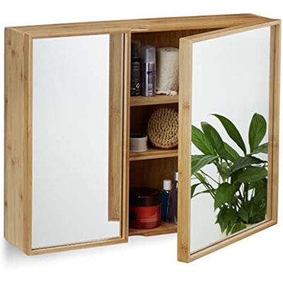 Relaxdays Koupelnová zrcadlová skříňka 2dveřová, nástěnná skříňka z bambusu, předmontovaná koupelnová skříňka VxŠxH: 50 x 65 x 14 cm, přírodní Relaxdays Koupelnová zrcadlová skříňka 2dveřová, nástěnná skříňka z bambusu, předmontovaná koupelnová skříňka VxŠxH: 50 x 65 x 14 cm, přírodní