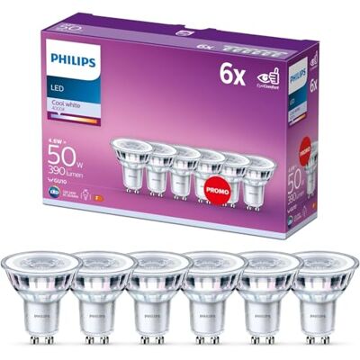 Philips Žárovky LED Classic GU10, balení po 6 kusech, 50 W, reflektorová LED bodová světla, studená bílá, energeticky úsporné, nestmívatelné Philips Žárovky LED Classic GU10, balení po 6 kusech, 50 W, reflektorová LED bodová světla, studená bílá, energeticky úsporné, nestmívatelné