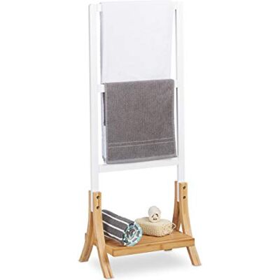 Relaxdays Držák ručníků stojící se 3 tyčemi na ručníky, odkládací plocha, koupelnový držák na ručníky HBT: 104x41x28,5 cm, bílý Relaxdays Držák ručníků stojící se 3 tyčemi na ručníky, odkládací plocha, koupelnový držák na ručníky HBT: 104x41x28,5 cm, bílý