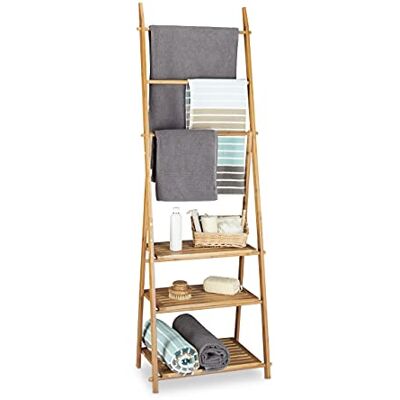 Relaxdays Držák ručníků bambus, dřevěný stojan na šaty skládací, 3 přihrádky, 3 tyče, 4 háčky, V × H: 152 x 53 x 31 cm, přírodní Relaxdays Držák ručníků bambus, dřevěný stojan na šaty skládací, 3 přihrádky, 3 tyče, 4 háčky, V × H: 152 x 53 x 31 cm, přírodní