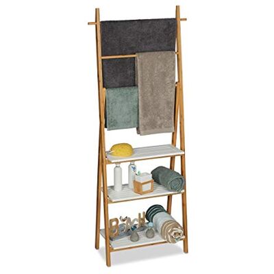 Relaxdays Držák ručníků regál, koupelnový stojan s policemi a tyčemi na ručníky, V x Š x H 150 x 50 x 30 cm, bambus, MDF, přírodní/bílá, velikost Relaxdays Držák ručníků regál, koupelnový stojan s policemi a tyčemi na ručníky, V x Š x H 150 x 50 x 30 cm, bambus, MDF, přírodní/bílá, velikost