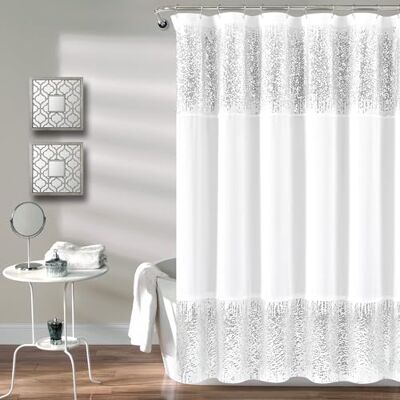 Lush Decor Sprchový závěs s třpytivými flitry, elegantní třpytivý design do koupelny, 177,8 x 182,9 cm, stříbrný a bílý, 177,8 x 182,9 cm Lush Decor Sprchový závěs s třpytivými flitry, elegantní třpytivý design do koupelny, 177,8 x 182,9 cm, stříbrný a bílý, 177,8 x 182,9 cm