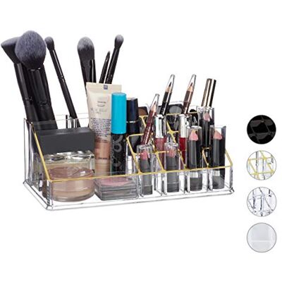 Relaxdays Akrylový organizér na kosmetiku, organizér na make-up s 16 přihrádkami na líčidla a držáky na rtěnky, průhledný/zlatý Relaxdays Akrylový organizér na kosmetiku, organizér na make-up s 16 přihrádkami na líčidla a držáky na rtěnky, průhledný/zlatý