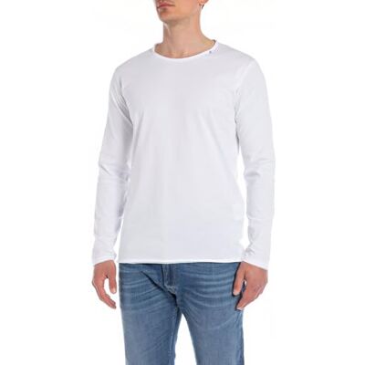 Replay Pánské tričko s dlouhým rukávem z bavlny, Optical White 001 Replay Pánské tričko s dlouhým rukávem z bavlny, Optical White 001