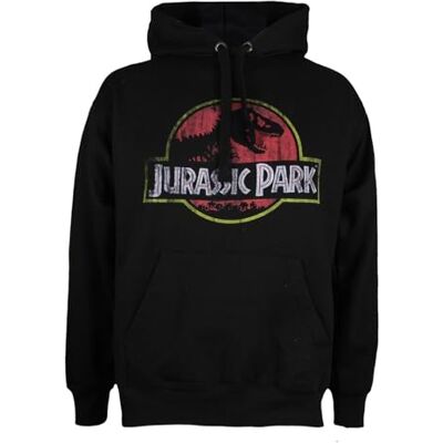 Jurassic Park Pánská kapuce s opotřebovaným logem Hoodie, černá (černá, černá)., S Jurassic Park Pánská kapuce s opotřebovaným logem Hoodie, černá (černá, černá)., S