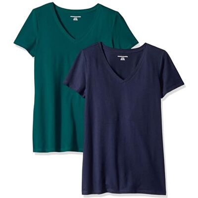Amazon Essentials Dámské tričko Regular Fit s krátkými rukávy a výstřihem do V, balení po 2 kusech, tmavě zelené/navy, S Amazon Essentials Dámské tričko Regular Fit s krátkými rukávy a výstřihem do V, balení po 2 kusech, tmavě zelené/navy, S