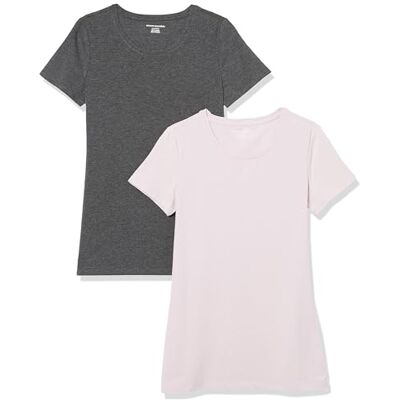 Amazon Essentials Dámské tričko s krátkými rukávy a kulatým výstřihem v normálním střihu, balení po 2 kusech, světle fialové/Charcoal Heather, L Amazon Essentials Dámské tričko s krátkými rukávy a kulatým výstřihem v normálním střihu, balení po 2 kusech, světle fialové/Charcoal Heather, L