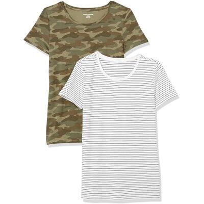 Amazon Essentials Dámské tričko s krátkými rukávy a kulatým výstřihem v normálním střihu, balení po 2 kusech, bílý pruh/potisk Camo, L Amazon Essentials Dámské tričko s krátkými rukávy a kulatým výstřihem v normálním střihu, balení po 2 kusech, bílý pruh/potisk Camo, L
