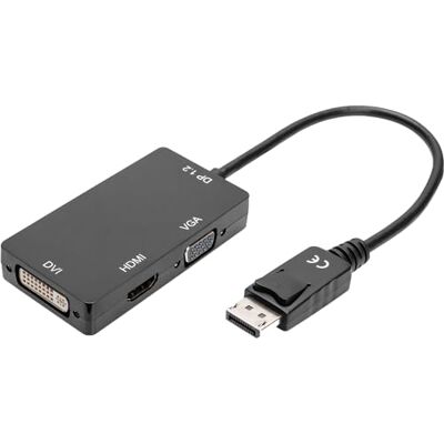 Digitus DisplayPort grafický adaptér, DP na DVI-D + HDMI + VGA, 4K Ultra HD 30Hz, černý Digitus DisplayPort grafický adaptér, DP na DVI-D + HDMI + VGA, 4K Ultra HD 30Hz, černý