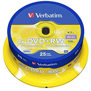 Verbatim DVD+RW 4,7 GB 4násobná rychlost hoření dlouhá životnost ochrana proti poškrábání 25 kusů vřetena Verbatim DVD+RW 4,7 GB 4násobná rychlost hoření dlouhá životnost ochrana proti poškrábání 25 kusů vřetena