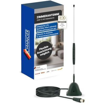 SCHWAIGER DVB-T2 aktivní tyčová anténa I DVB-T2 HD anténa pro televizi a rádio I vč. filtru LTE I TV anténa se zesilovačem pro DAB+ & VKW rádio I pro vnitřní i venkovní použití I vč. magnetické SCHWAIGER DVB-T2 aktivní tyčová anténa I DVB-T2 HD anténa pro televizi a rádio I vč. filtru LTE I TV anténa se zesilovačem pro DAB+ & VKW rádio I pro vnitřní i venkovní použití I vč. magnetické