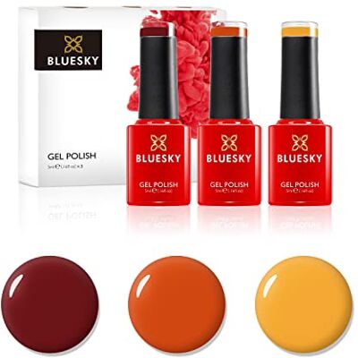 BLUESKY Gel Polish, sada gelových laků na nehty, Burnt Sunset. Banana Mania Lt129, Orange Sweetie A012, Paradise Deep Red 80575. 3 x 5 ml červená BLUESKY Gel Polish, sada gelových laků na nehty, Burnt Sunset. Banana Mania Lt129, Orange Sweetie A012, Paradise Deep Red 80575. 3 x 5 ml červená
