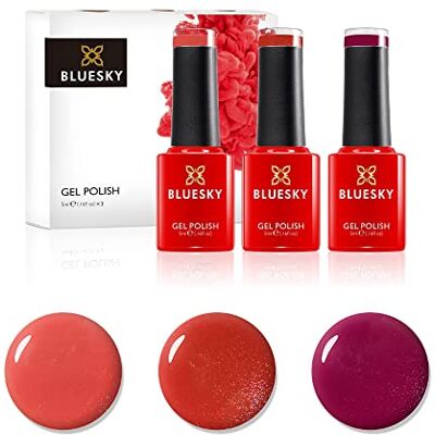 BLUESKY Gel Polish, sada gelových laků na nehty, Firey Powder. Red Shimmer A015, Desert Poppy 80568, Watermelon Lady A004. 3 x 5 ml oranžová, červená BLUESKY Gel Polish, sada gelových laků na nehty, Firey Powder. Red Shimmer A015, Desert Poppy 80568, Watermelon Lady A004. 3 x 5 ml oranžová, červená