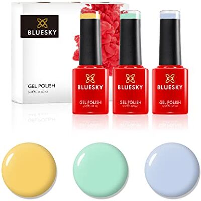 BLUESKY Gel Polish, sada gelových laků na nehty, Rainbow Pastels. Pastel Yellow A115, Groovy Green Dc105, Faded Blue Qxg741. 3 x 5 ml modrá, žlutá, zelená BLUESKY Gel Polish, sada gelových laků na nehty, Rainbow Pastels. Pastel Yellow A115, Groovy Green Dc105, Faded Blue Qxg741. 3 x 5 ml modrá, žlutá, zelená