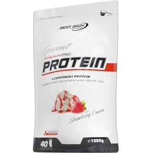 Best Body Nutrition Gourmet Premium Pro Protein Strawberry Cream 1000 g, 4složkový proteinový prášek s kaseinátem, Whey, Isolat, vaječný protein – vícesložkový protein, krémový koktejl Best Body Nutrition Gourmet Premium Pro Protein Strawberry Cream 1000 g, 4složkový proteinový prášek s kaseinátem, Whey, Isolat, vaječný protein – vícesložkový protein, krémový koktejl