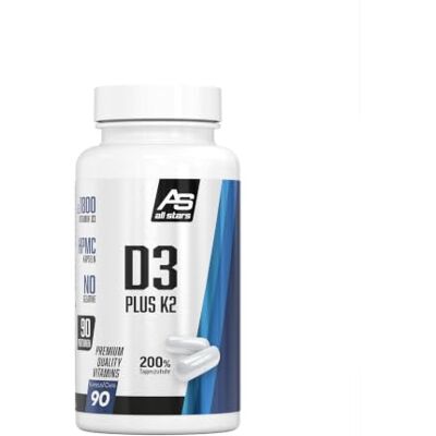 ALL STARS Vitamín D3 + K2 (90 kapslí) – kapsle bez želatiny a veganské vitamínové kapsle – pro každodenní použití – doplněk k normální a pestré stravě – 46,4 g ALL STARS Vitamín D3 + K2 (90 kapslí) – kapsle bez želatiny a veganské vitamínové kapsle – pro každodenní použití – doplněk k normální a pestré stravě – 46,4 g