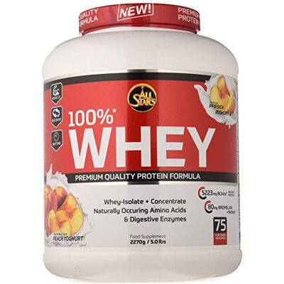ALL STARS 100% WHEY PROTEIN 2270 g I proteinový prášek s koncentrací Whey & Isolat I lahodný prášek s nízkým obsahem tuku I kvalitní proteinový prášek I krémový proteinový koktejl s vůní jogurtu Peach ALL STARS 100% WHEY PROTEIN 2270 g I proteinový prášek s koncentrací Whey & Isolat I lahodný prášek s nízkým obsahem tuku I kvalitní proteinový prášek I krémový proteinový koktejl s vůní jogurtu Peach