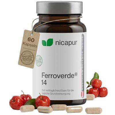 NICApur Ferroverde 14–14 mg železa s vitaminem C z červené Acerola – 60 kapslí, veganské, bez laktózy a laboratorně testováno NICApur Ferroverde 14–14 mg železa s vitaminem C z červené Acerola – 60 kapslí, veganské, bez laktózy a laboratorně testováno