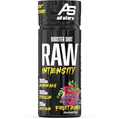 ALL STARS Raw Intensity Booster Shot Fruit Punch, Pre-Workout Shots s aminokyselinami a kofeinem, BCAA Energy ampule s nízkým obsahem tuku a bez cukru, fitness nápoj tekutý a připravený k konzumaci ALL STARS Raw Intensity Booster Shot Fruit Punch, Pre-Workout Shots s aminokyselinami a kofeinem, BCAA Energy ampule s nízkým obsahem tuku a bez cukru, fitness nápoj tekutý a připravený k konzumaci